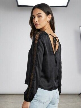 Dynamite Black Lace-Trim Long Sleeve V-Neck Top